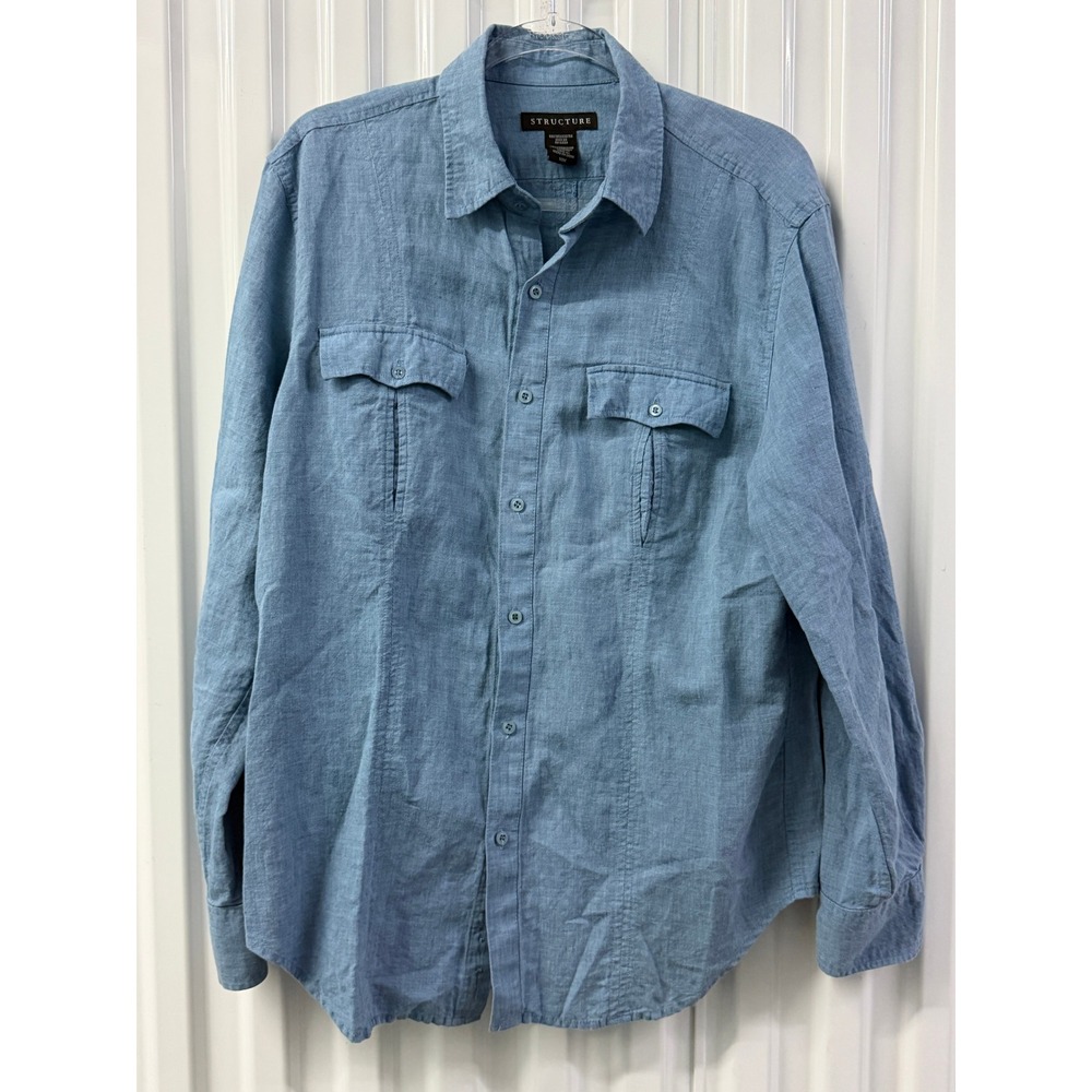 VTG Structure Button Down Shirt Mens Medium Blue Linen Blend Long Sleeve